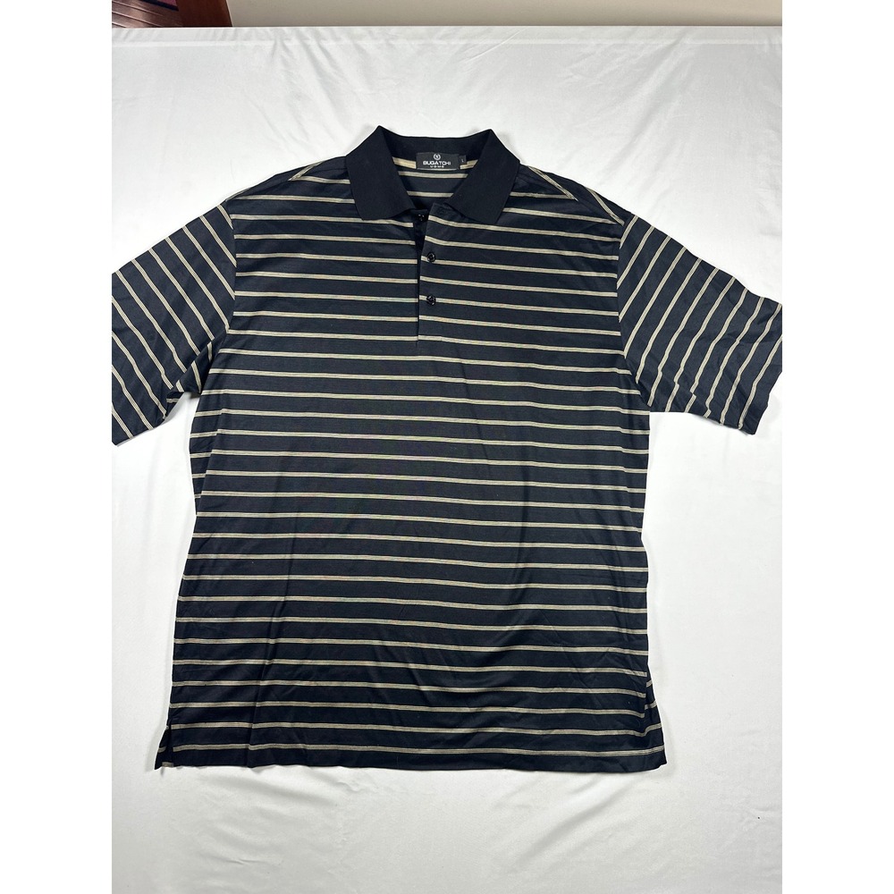 Bugatchi Uomo Mens Large Polo Shirt Black Tan Striped Mercerized Egyptian Cotton